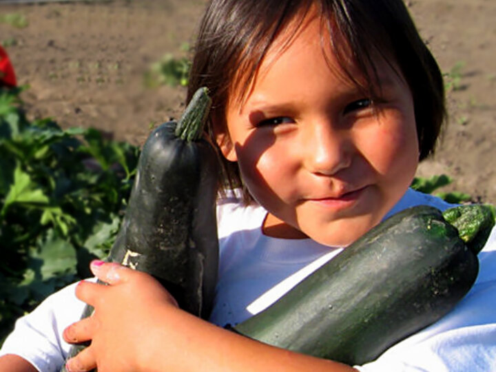 Young indigenous girl holding her zucchini harvest
